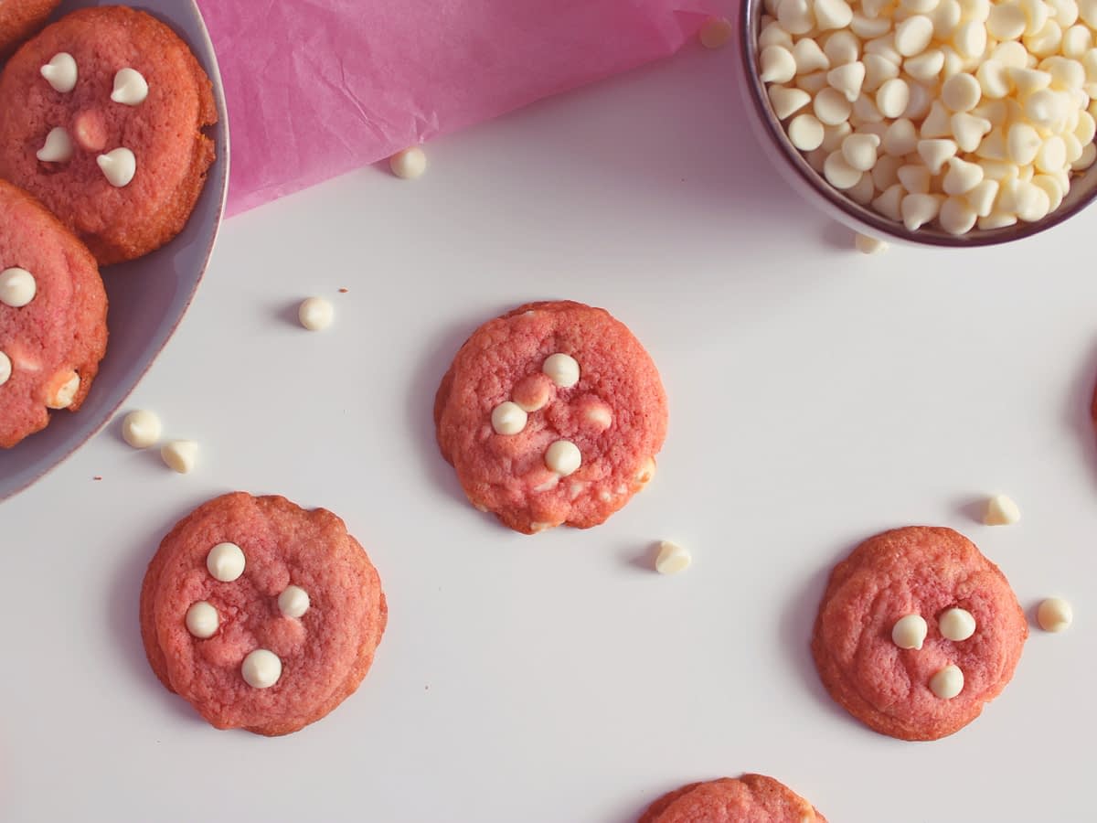 pink velvet cookies with white chocolate chips