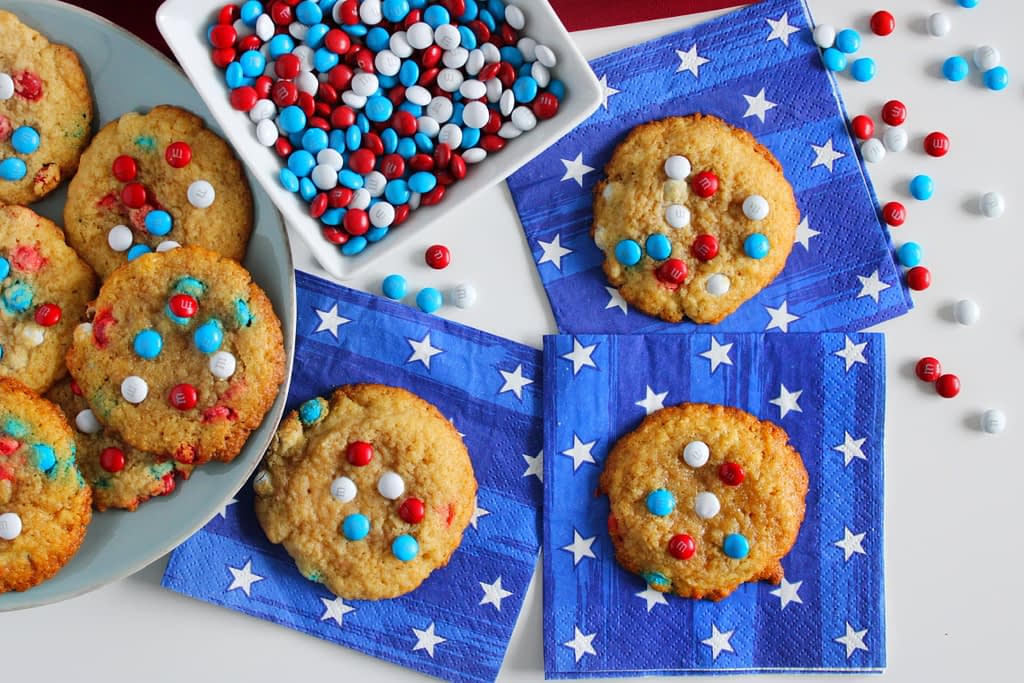 4th of july patriotic mini red, white, and blue m&m cookies